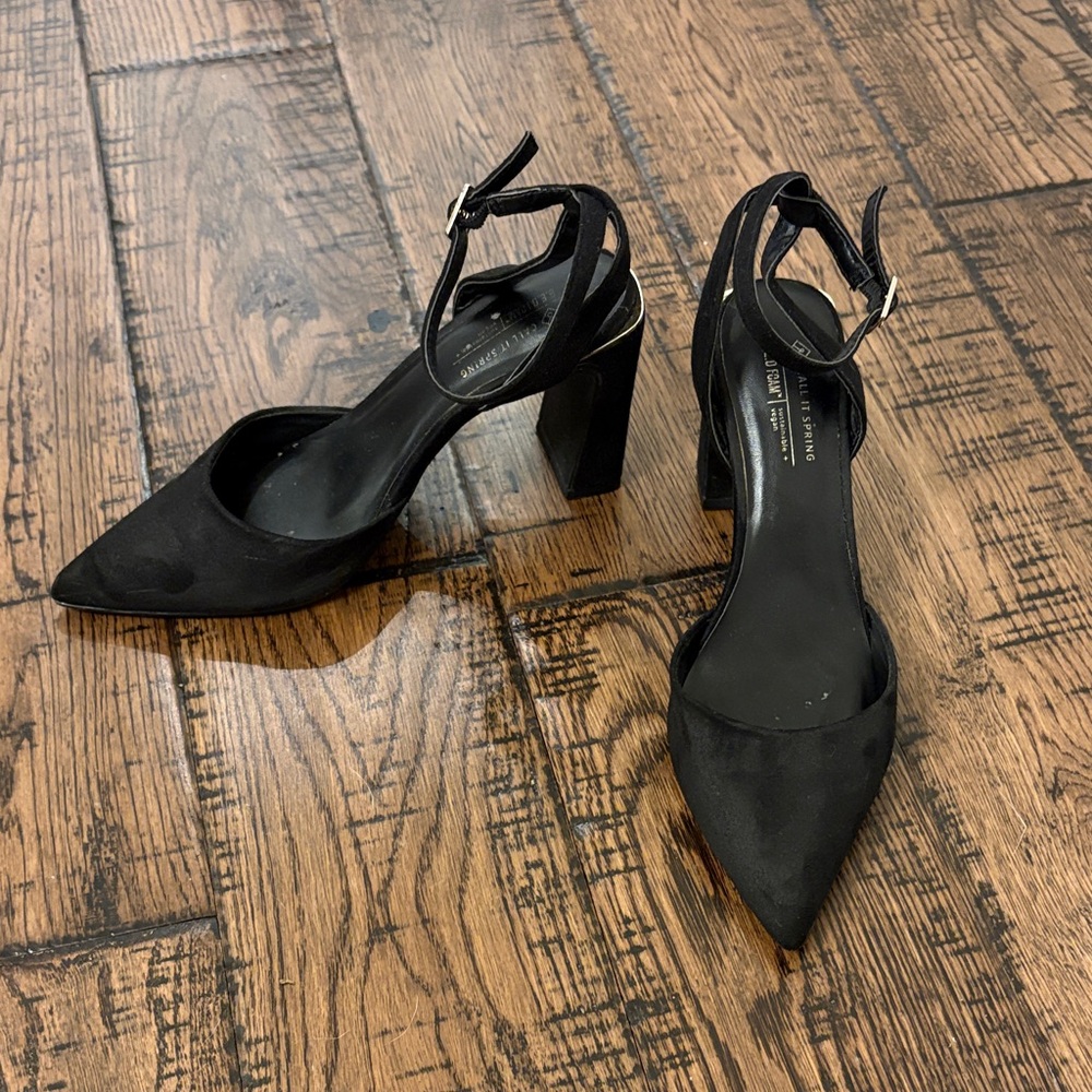 Call It Spring Black Pointed Toe Block Heel Ankle Strap Pumps